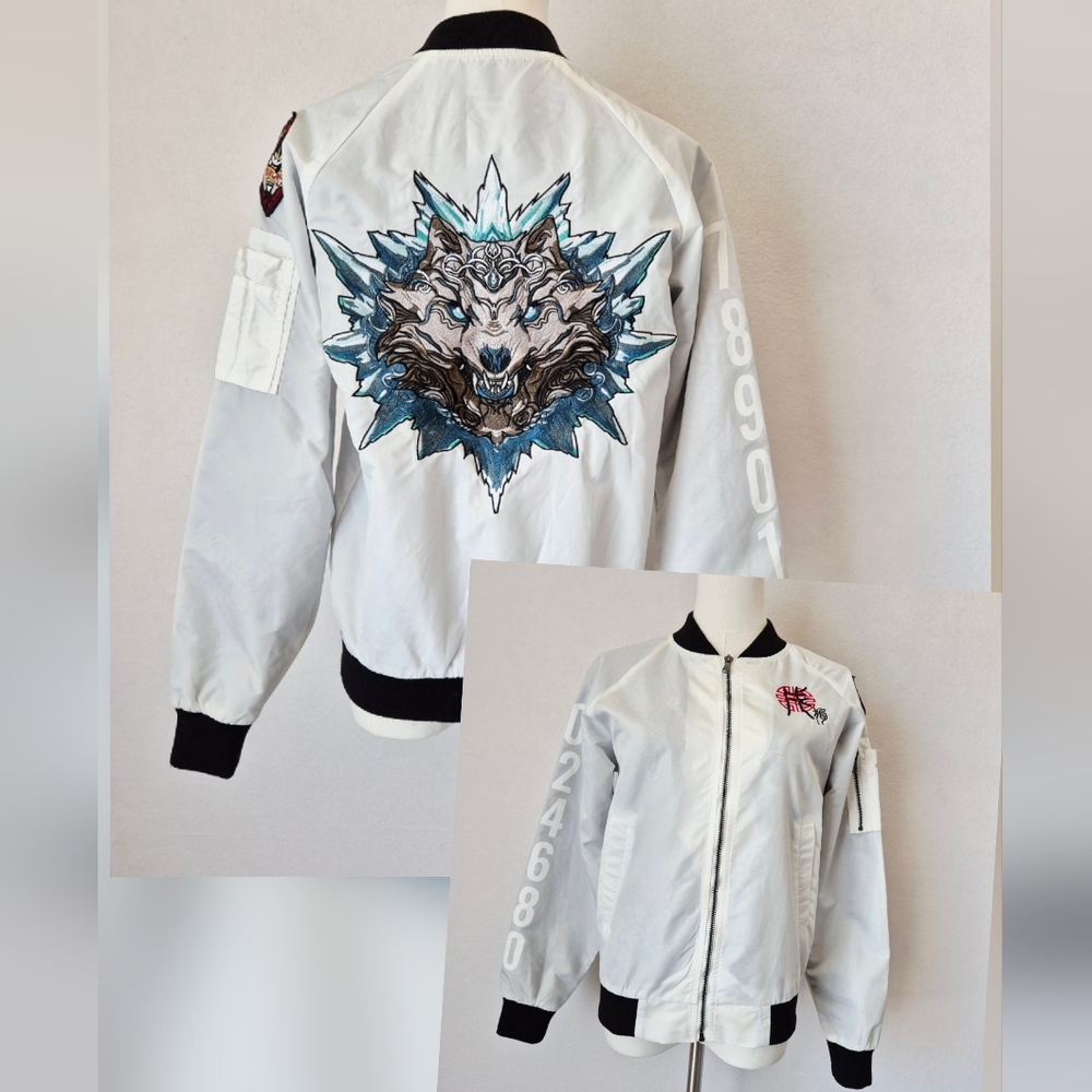 Bibisama Chinese Zodiac Dog Embroidered Bomber Jacket Zip-Up White Unisex